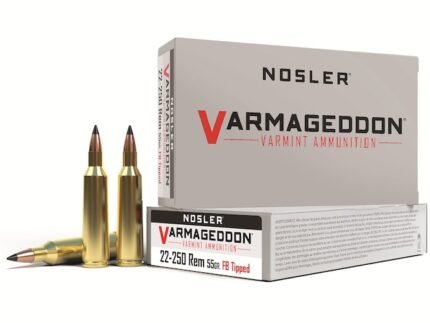 Nosler Varmageddon Ammunition 22-250 Remington 55 Grain Polymer Tip Flat Base Box of 20